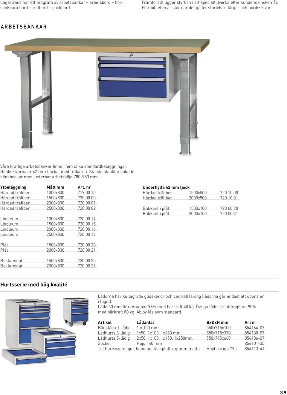 Bänkskivorna är 42 mm tjocka, med träkärna. Stabila blankförzinkade bänkbockar med justerbar arbetshöjd 780-960 mm. Ytbeläggning Mått mm Art.