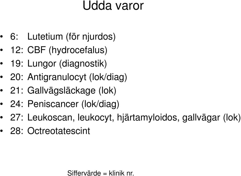 Gallvägsläckage (lok) 24: Peniscancer (lok/diag) 27: Leukoscan,