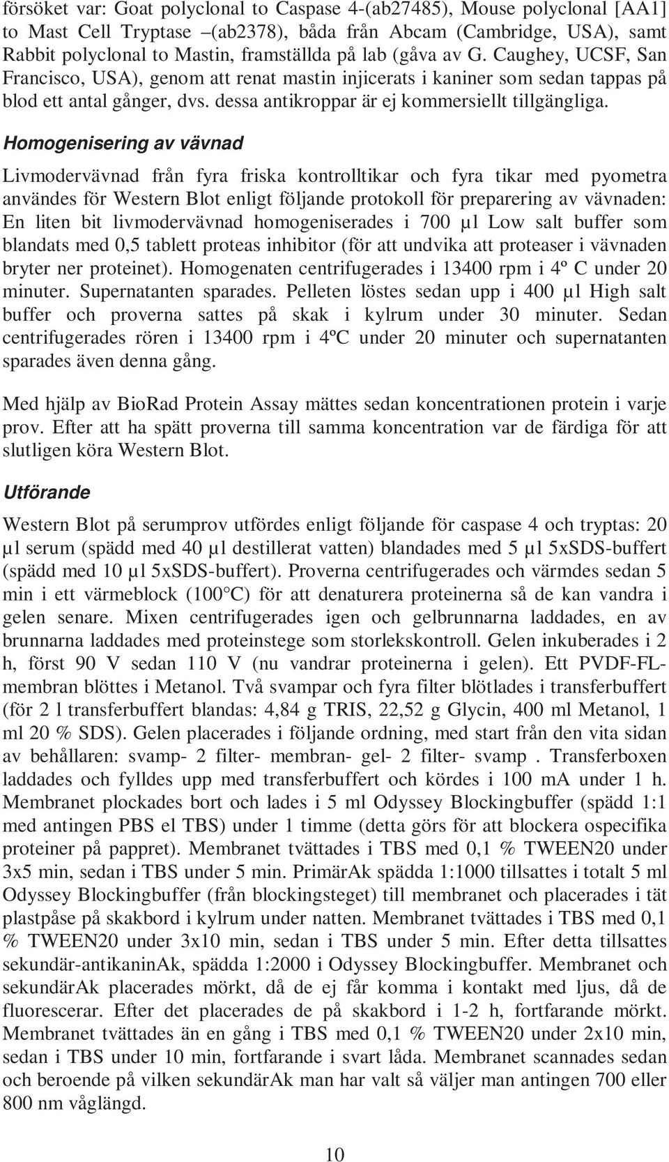 Homogenisering av vävnad Livmodervävnad från fyra friska kontrolltikar och fyra tikar med pyometra användes för Western Blot enligt följande protokoll för preparering av vävnaden: En liten bit