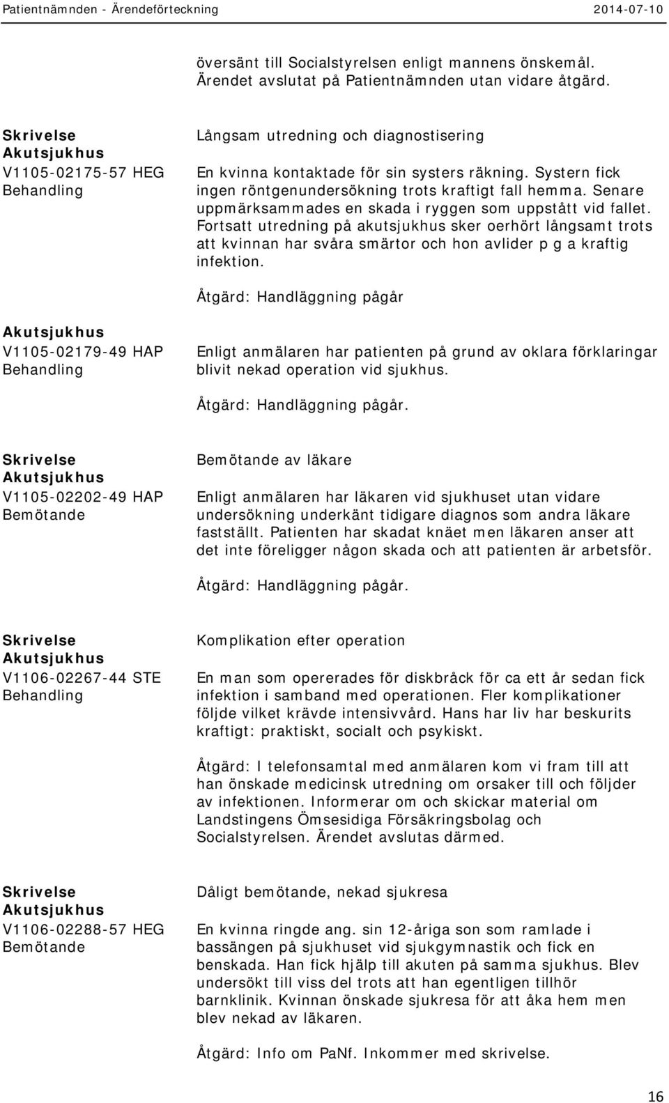 Senare uppmärksammades en skada i ryggen som uppstått vid fallet. Fortsatt utredning på akutsjukhus sker oerhört långsamt trots att kvinnan har svåra smärtor och hon avlider p g a kraftig infektion.