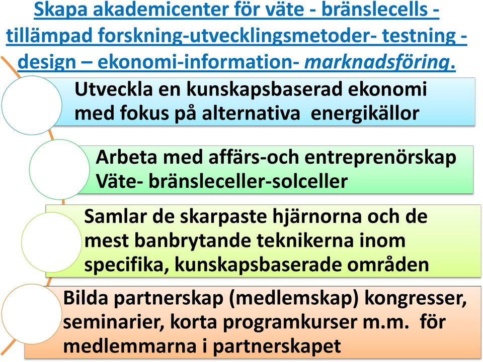 Utveckla en kunskapsbaserad ekonomi med fokus på alternativa energikällor Arbeta med affärs-och entreprenörskap Väte-