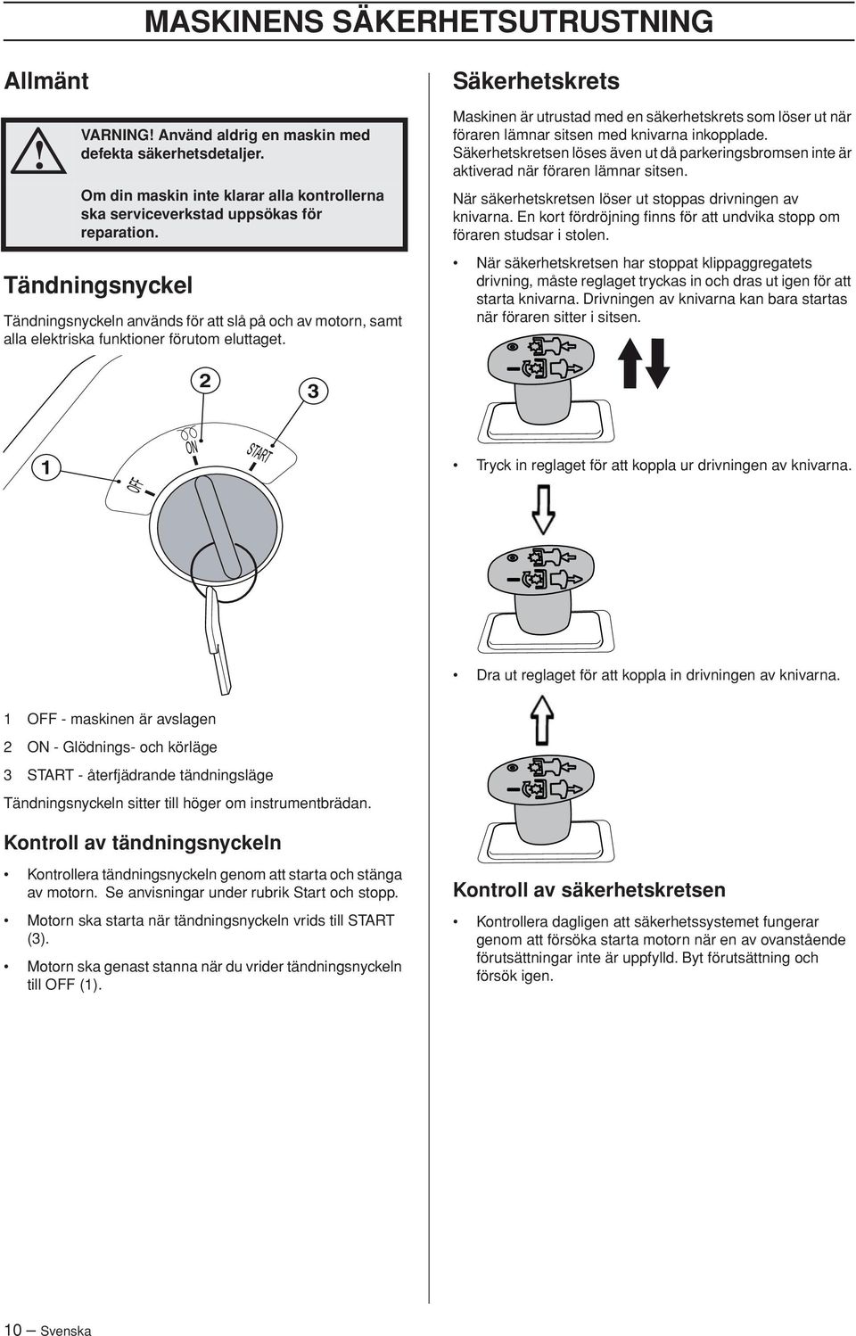 Säkerhetskrets Maskinen är utrustad med en säkerhetskrets som löser ut när föraren lämnar sitsen med knivarna inkopplade.