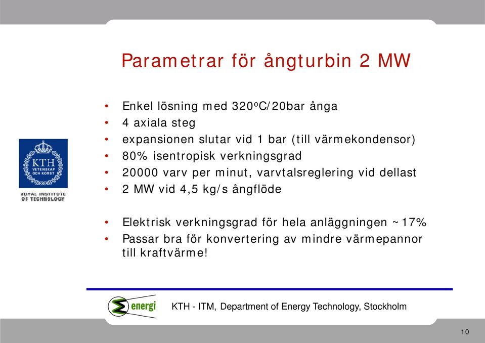 varv per minut, varvtalsreglering vid dellast 2 MW vid 4,5 kg/s ångflöde Elektrisk