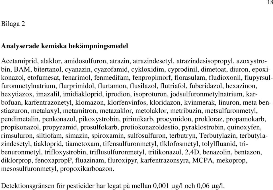 fuberidazol, hexazinon, hexytiazox, imazalil, imidiakloprid, iprodion, isoproturon, jodsulfuronmetylnatrium, karbofuan, karfentrazonetyl, klomazon, klorfenvinfos, kloridazon, kvinmerak, linuron, meta