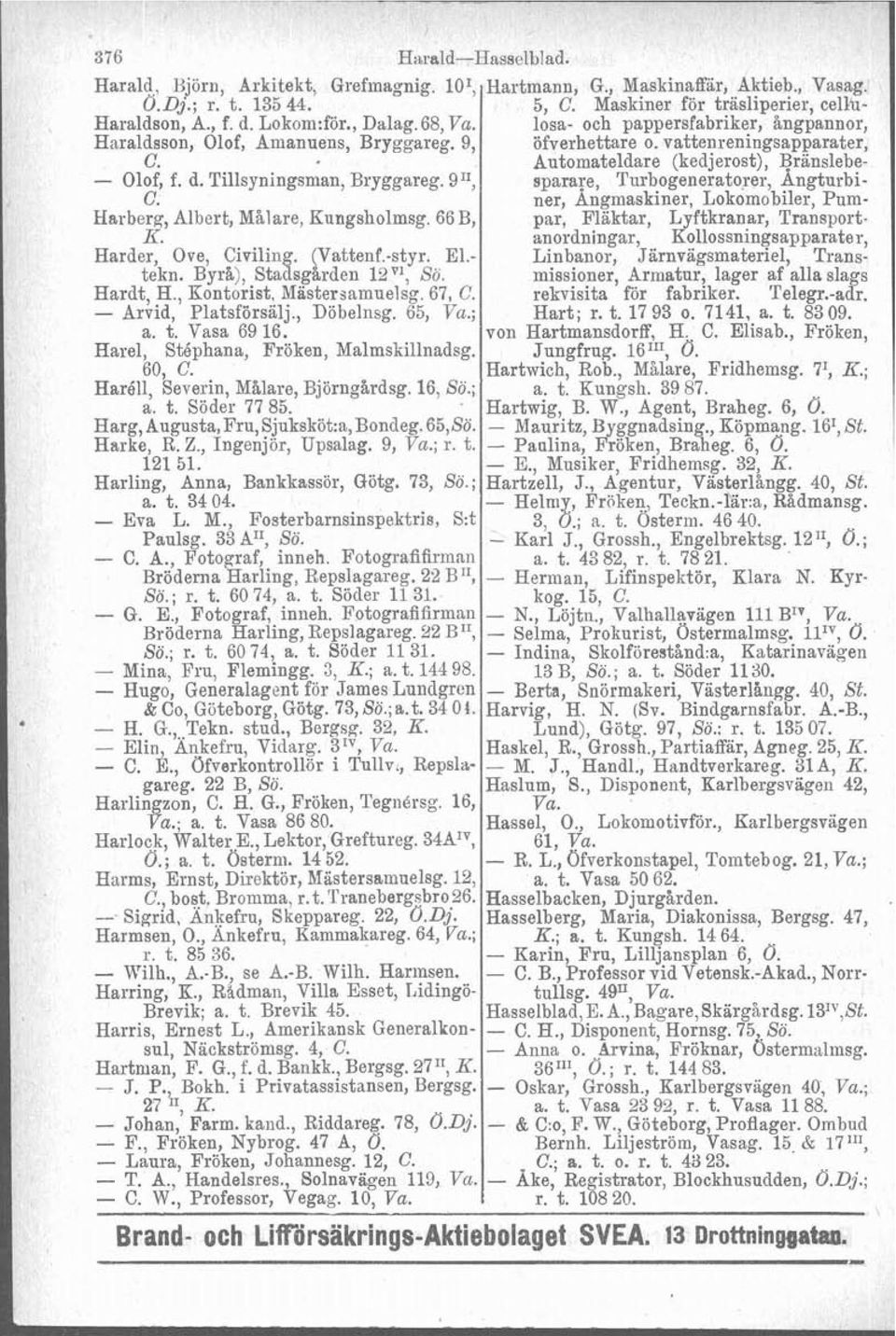 Tillsyningsman, Bryggareg. 911, sparare, Turbogeneratorer, Angturbi- C. ner, Angmaskiner, Lokomobiler, Pum- Harberg, Albert, Målare, Kungsholmsg. 66B, par, Fläktar, Lyftkranar, Transport- K.