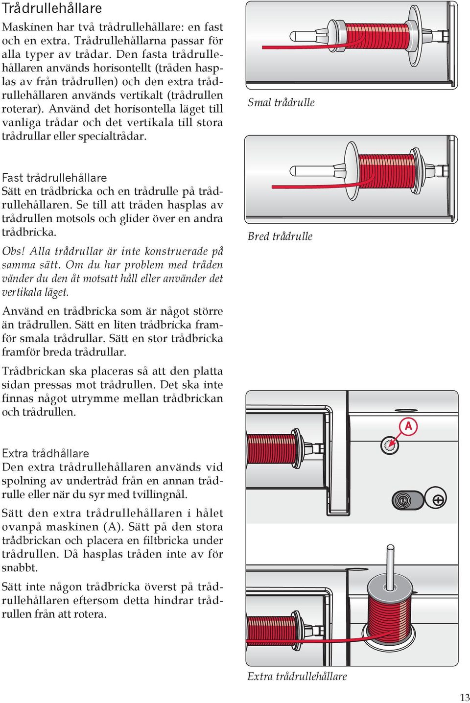 nvänd det horisontella läget till vanliga trådar och det vertikala till stora trådrullar eller specialtrådar.