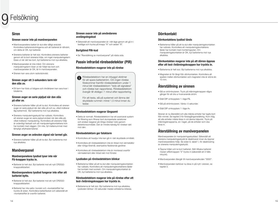 Kontrollera sirenens batterier genom att ta bort sirenens hölje, om inget manipuleringslarm löses ut när det tas bort, byt batterierna mot nya alkaliska. Manöverpanelen är inte inlärd.