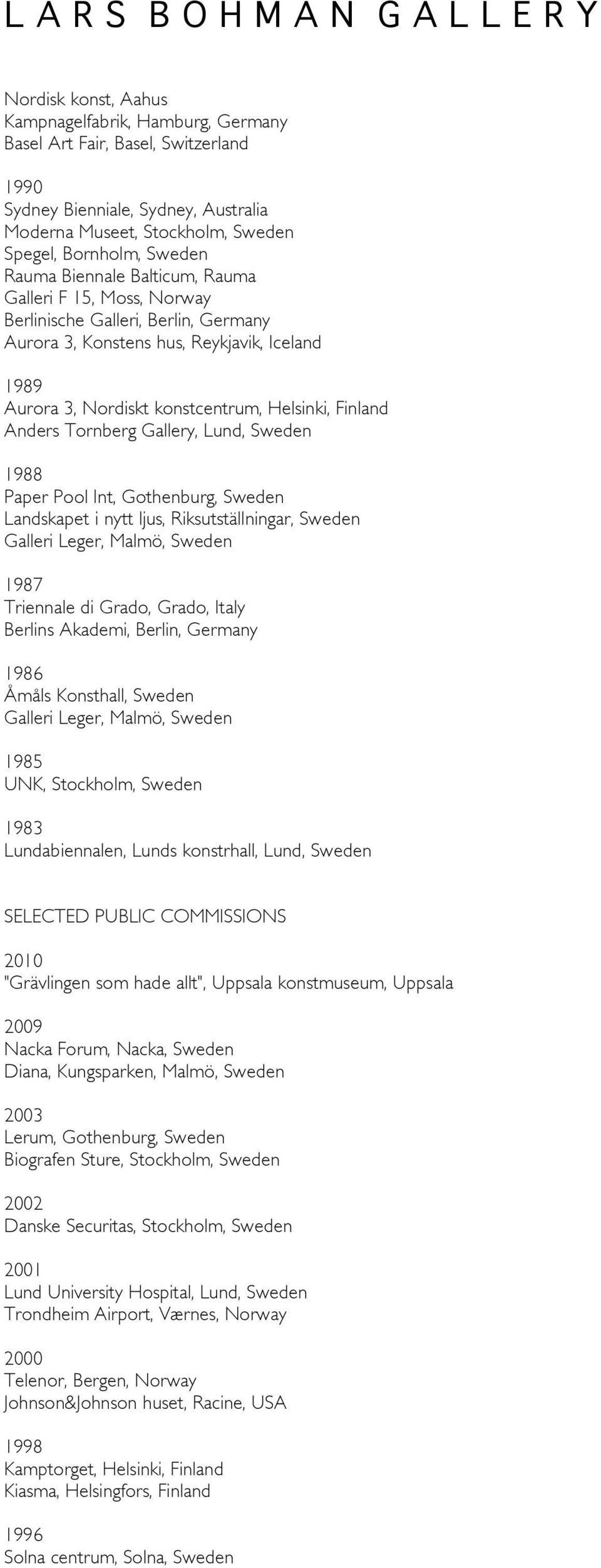 Pool Int, Gothenburg, Sweden Landskapet i nytt ljus, Riksutställningar, Sweden Galleri Leger, Malmö, Sweden 1987 Triennale di Grado, Grado, Italy Berlins Akademi, Berlin, Germany 1986 Åmåls