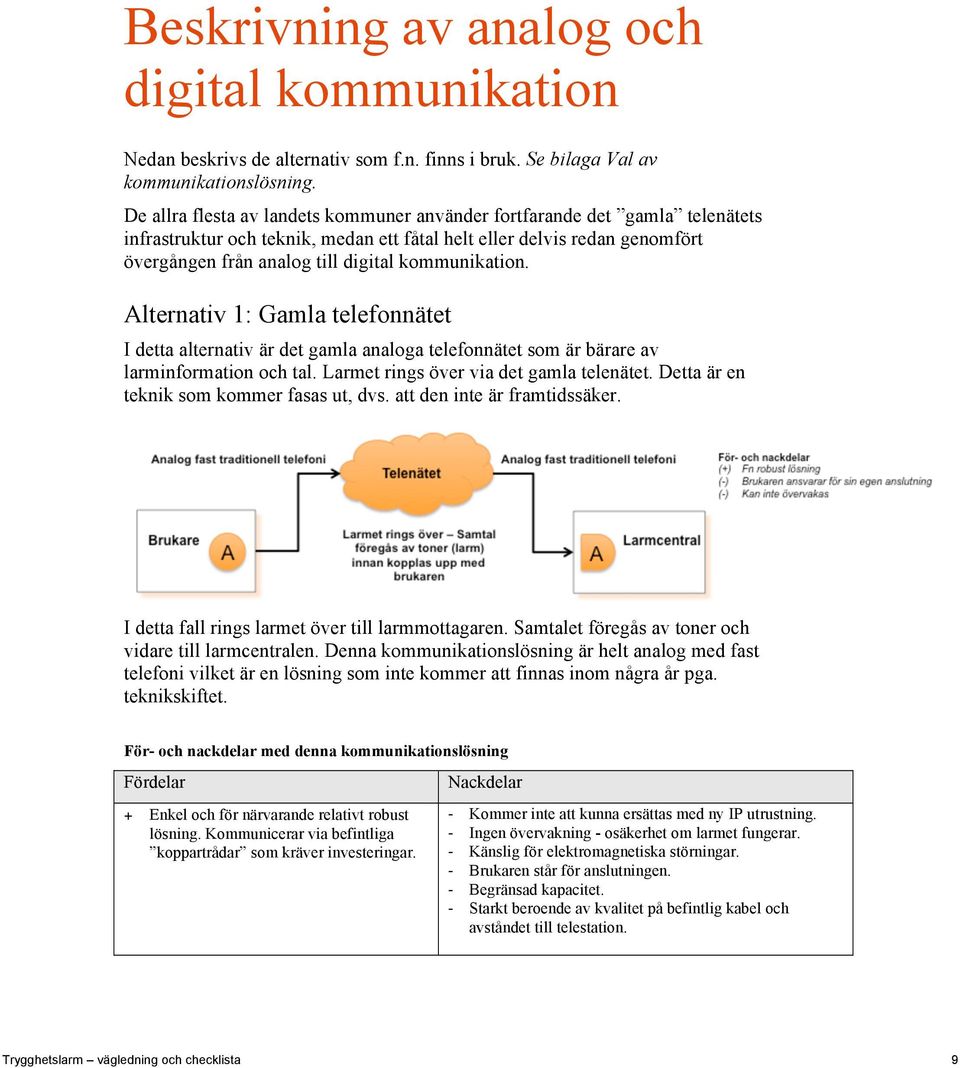 kommunikation. Alternativ 1: Gamla telefonnätet I detta alternativ är det gamla analoga telefonnätet som är bärare av larminformation och tal. Larmet rings över via det gamla telenätet.