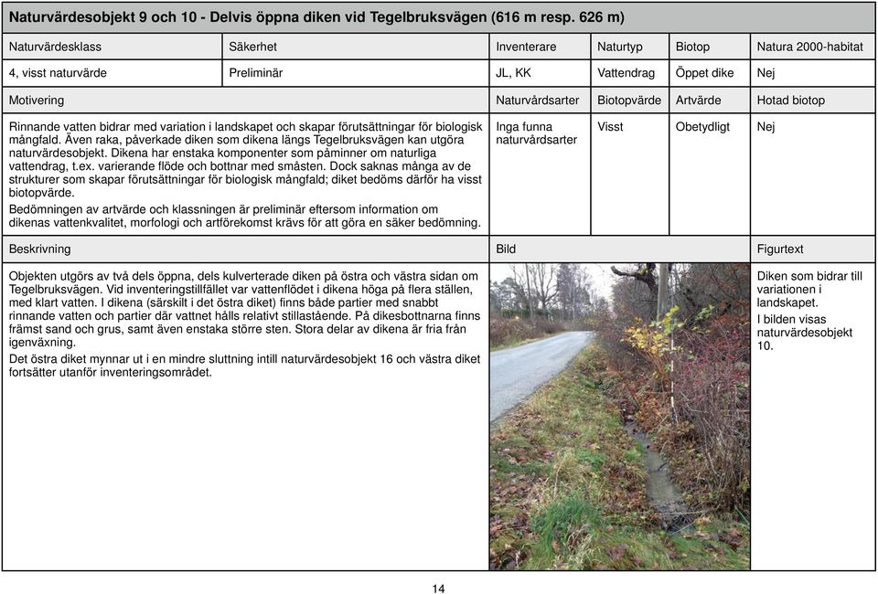 Även raka, påverkade diken som dikena längs Tegelbruksvägen kan utgöra naturvärdesobjekt. Dikena har enstaka komponenter som påminner om naturliga vattendrag, t.ex.