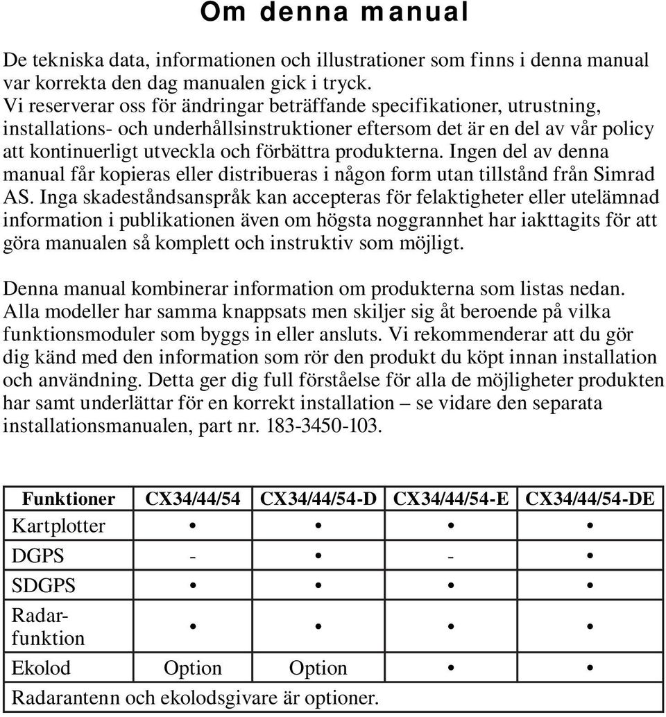 produkterna. Ingen del av denna manual får kopieras eller distribueras i någon form utan tillstånd från Simrad AS.