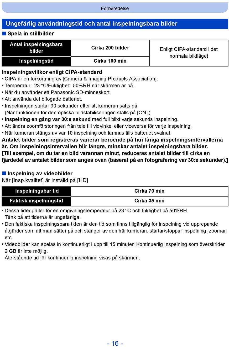 När du använder ett Panasonic SD-minneskort. Att använda det bifogade batteriet. Inspelningen startar 30 sekunder efter att kameran satts på.