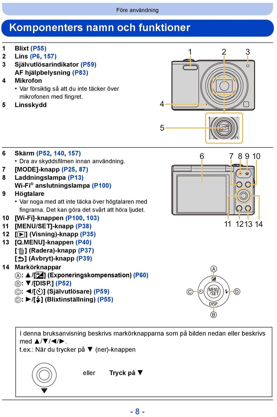 7 [MODE]-knapp (P25, 87) 8 Laddningslampa (P13) Wi-Fi anslutningslampa (P100) 9 Högtalare Var noga med att inte täcka över högtalaren med fingrarna. Det kan göra det svårt att höra ljudet.