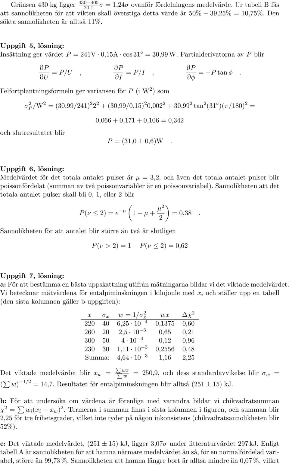 Felfortplantningsformeln ger variansen för P (i W ) som σ P /W = (30,99/41) + (30,99/0,15) 0,00 + 30,99 tan (31 )(π/180) = och slutresultatet blir 0,066 + 0,171 + 0,106 = 0,34 P = (31,0 ± 0,6)W.