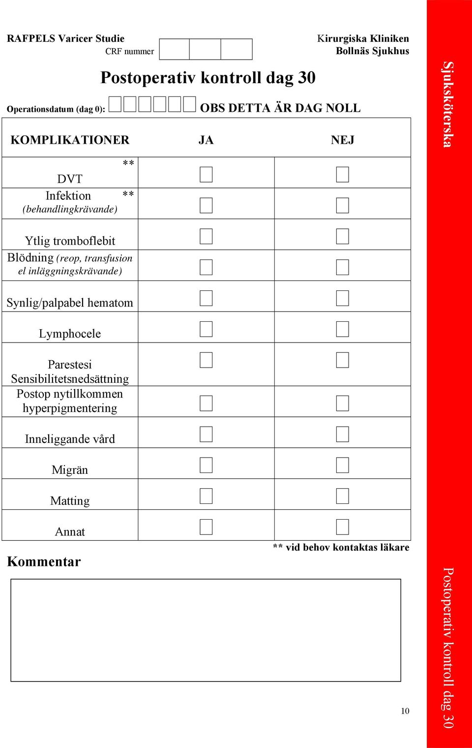 Lymphocele Parestesi Sensibilitetsnedsättning Postop nytillkommen hyperpigmentering Inneliggande vård Migrän Matting