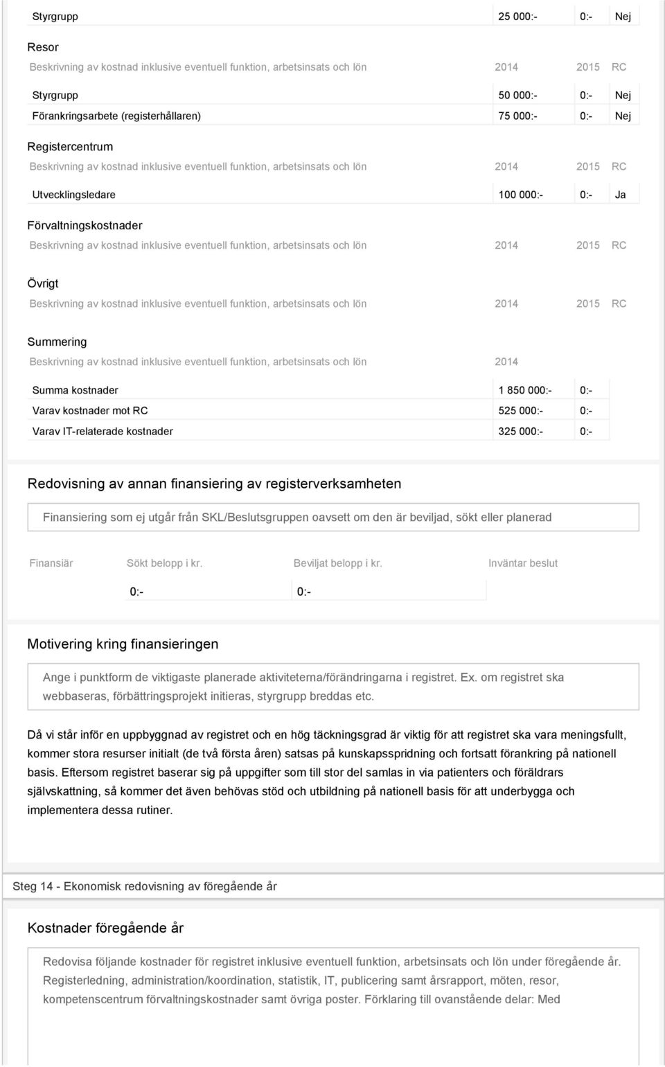 eventuell funktion, arbetsinsats och lön 2014 2015 RC Övrigt Beskrivning av kostnad inklusive eventuell funktion, arbetsinsats och lön 2014 2015 RC Summering Beskrivning av kostnad inklusive