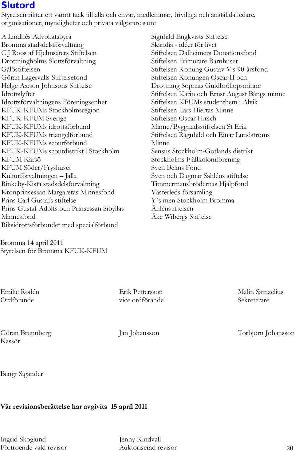 Idrottsförvaltningens Föreningsenhet KFUK-KFUMs Stockholmsregion KFUK-KFUM Sverige KFUK-KFUMs idrottsförbund KFUK-KFUMs triangelförbund KFUK-KFUMs scoutförbund KFUK-KFUMs scoutdistrikt i Stockholm