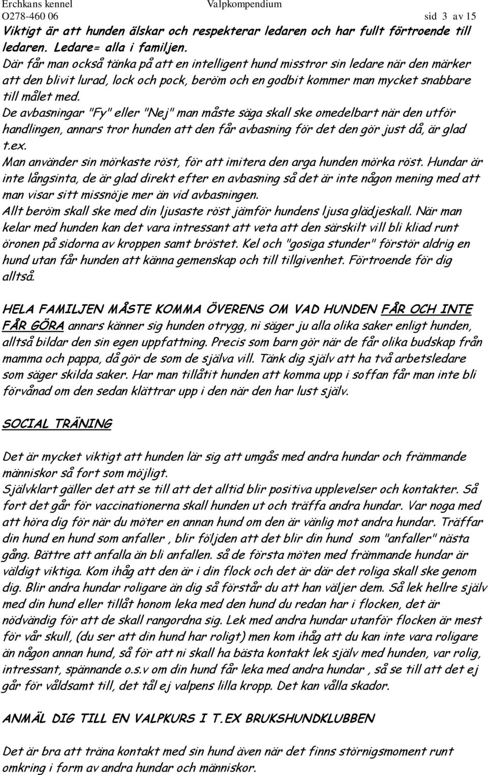 De avbasningar "Fy" eller "Nej" man måste säga skall ske omedelbart när den utför handlingen, annars tror hunden att den får avbasning för det den gör just då, är glad t.ex.