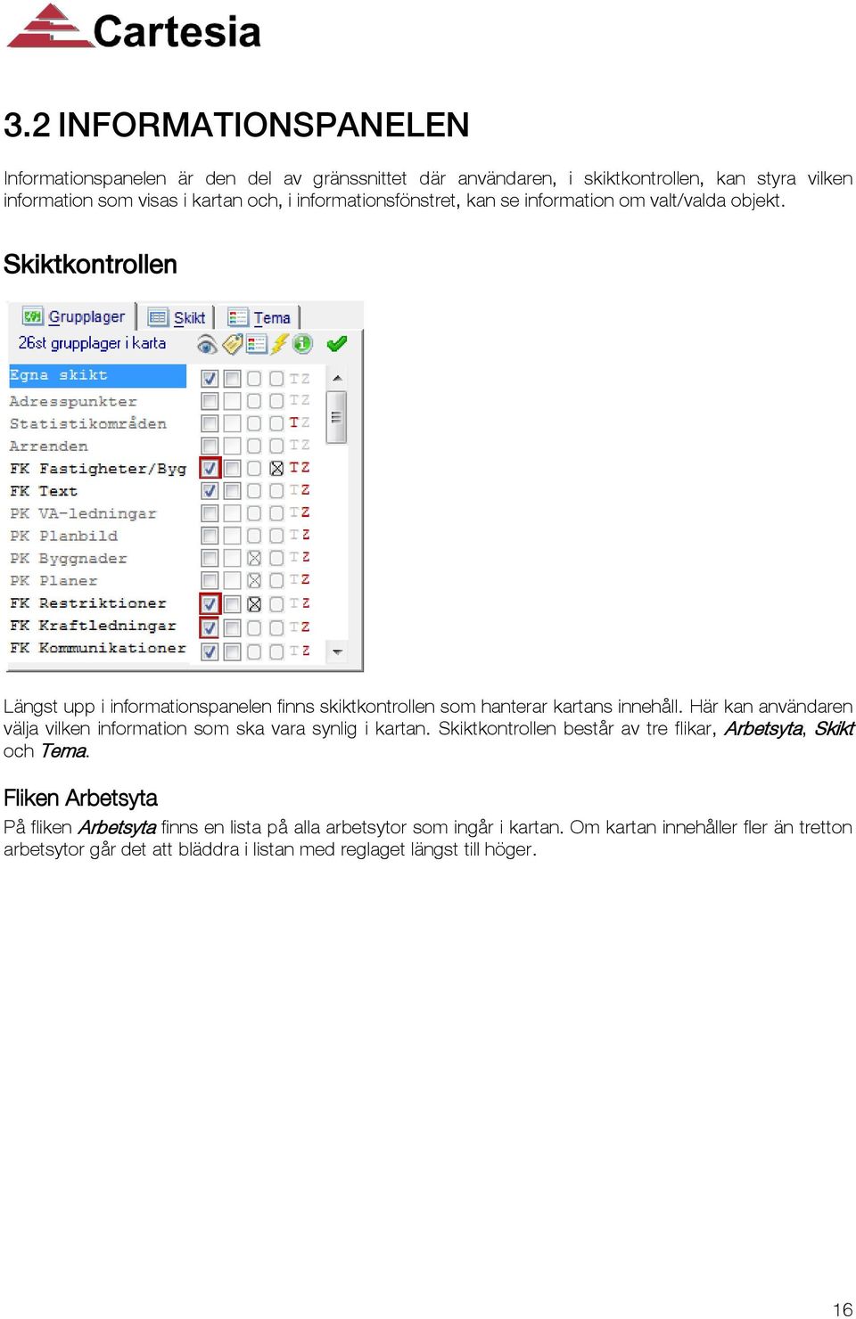 Här kan användaren välja vilken information som ska vara synlig i kartan. Skiktkontrollen består av tre flikar, Arbetsyta, Skikt och Tema.