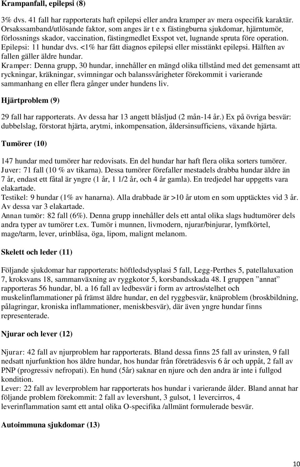 Epilepsi: 11 hundar dvs. <1% har fått diagnos epilepsi eller misstänkt epilepsi. Hälften av fallen gäller äldre hundar.