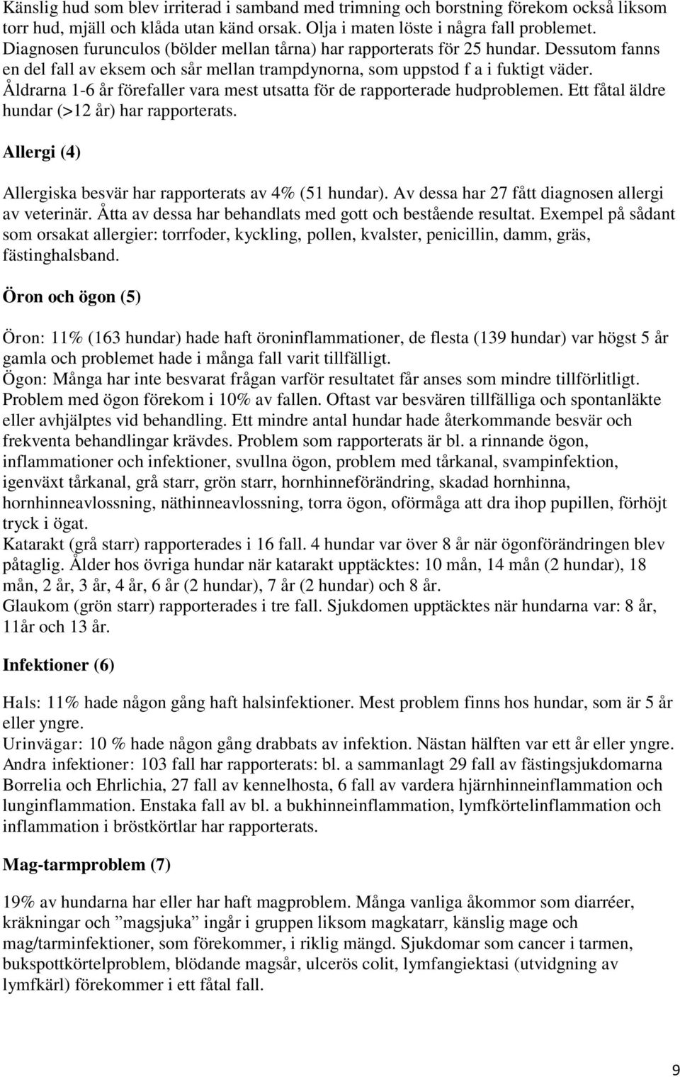 Åldrarna 1-6 år förefaller vara mest utsatta för de rapporterade hudproblemen. Ett fåtal äldre hundar (>12 år) har rapporterats. Allergi (4) Allergiska besvär har rapporterats av 4% (51 hundar).