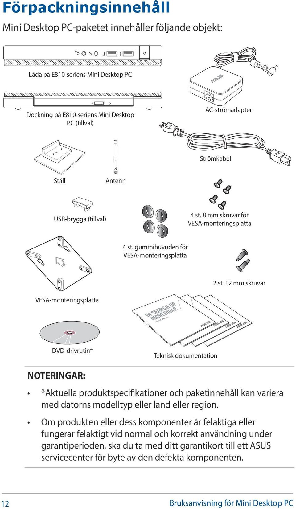 12 mm skruvar VESA-monteringsplatta DVD-drivrutin* Teknisk dokumentation NOTERINGAR: *Aktuella produktspecifikationer och paketinnehåll kan variera med datorns modelltyp eller land eller region.