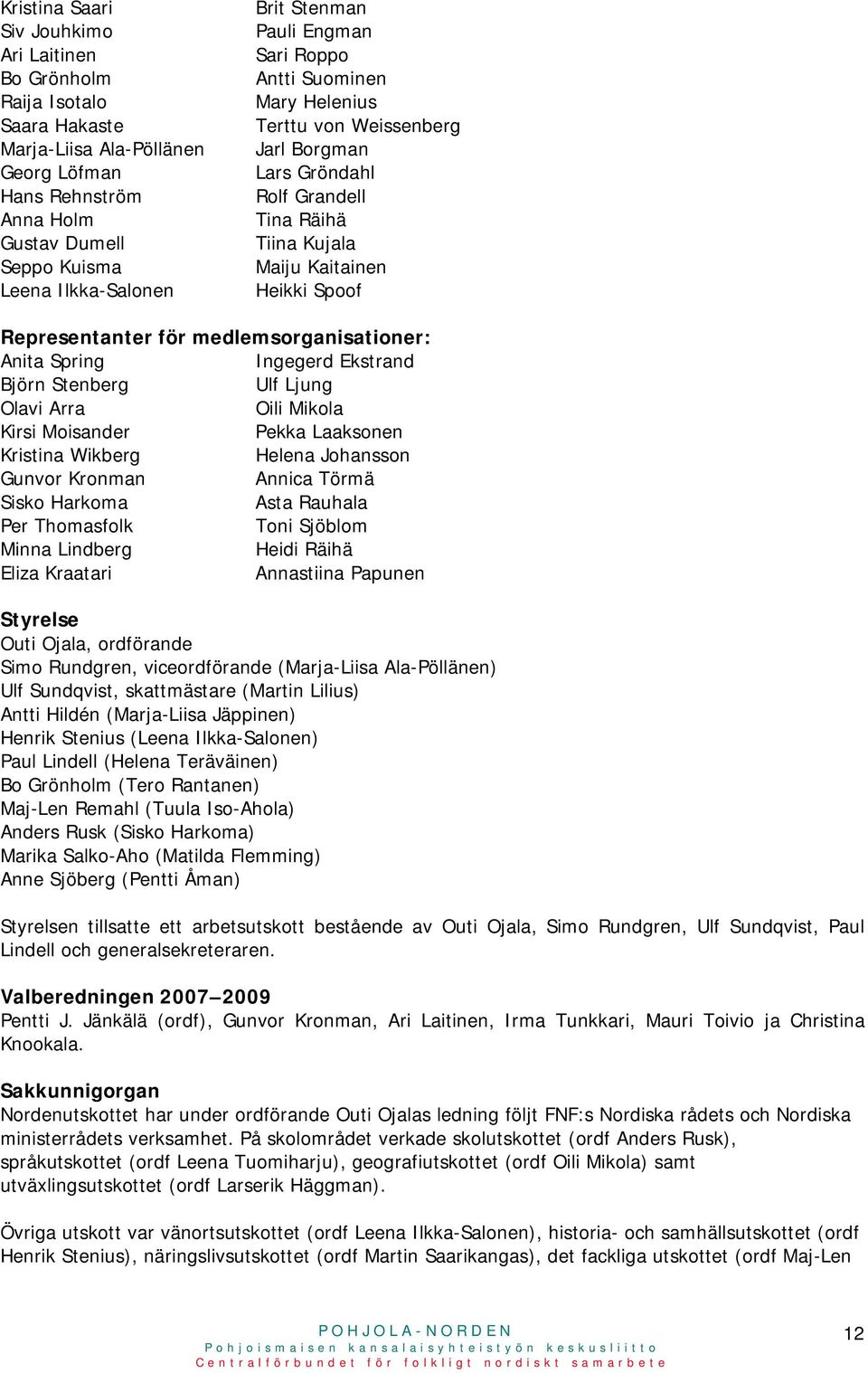 medlemsorganisationer: Anita Spring Ingegerd Ekstrand Björn Stenberg Ulf Ljung Olavi Arra Oili Mikola Kirsi Moisander Pekka Laaksonen Kristina Wikberg Helena Johansson Gunvor Kronman Annica Törmä