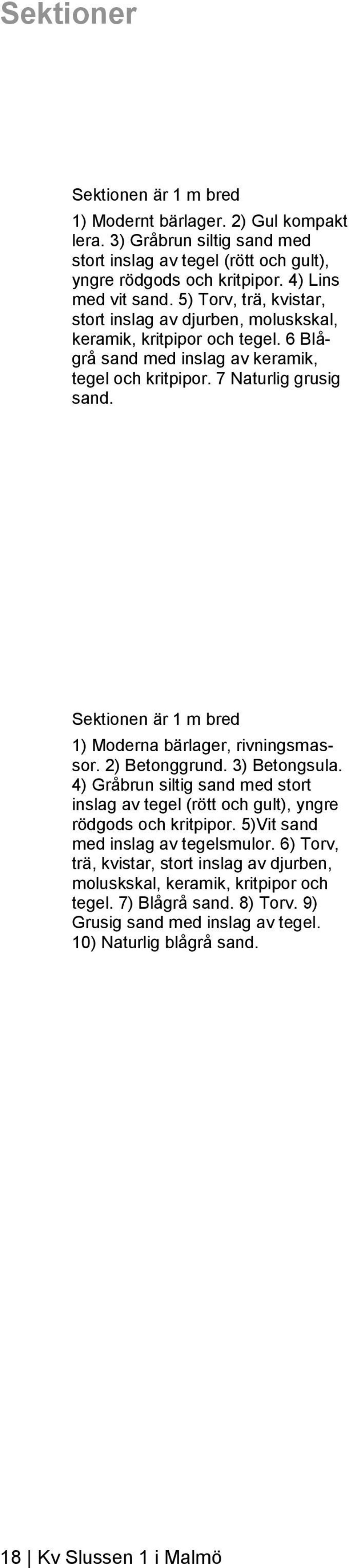 Sektionen är 1 m bred 1) Moderna bärlager, rivningsmassor. 2) Betonggrund. 3) Betongsula. 4) Gråbrun siltig sand med stort inslag av tegel (rött och gult), yngre rödgods och kritpipor.