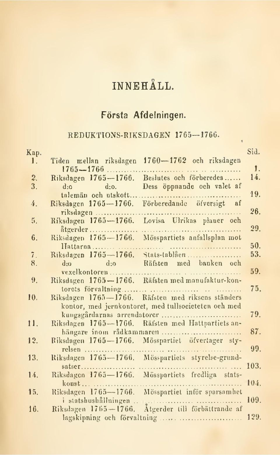 Riksdagen 1765 1766. Mösspartiets anfallsplan mot Hattarna 50. 7 Riksdagen 1765 1766. Stats-tablåen 53. 8. d:o d:o Räfsten med banken och vexelkontoren 59. 9. Riksdagen 1765 1766. Räfsten med manufaktur-kontorets förvaltning 75.