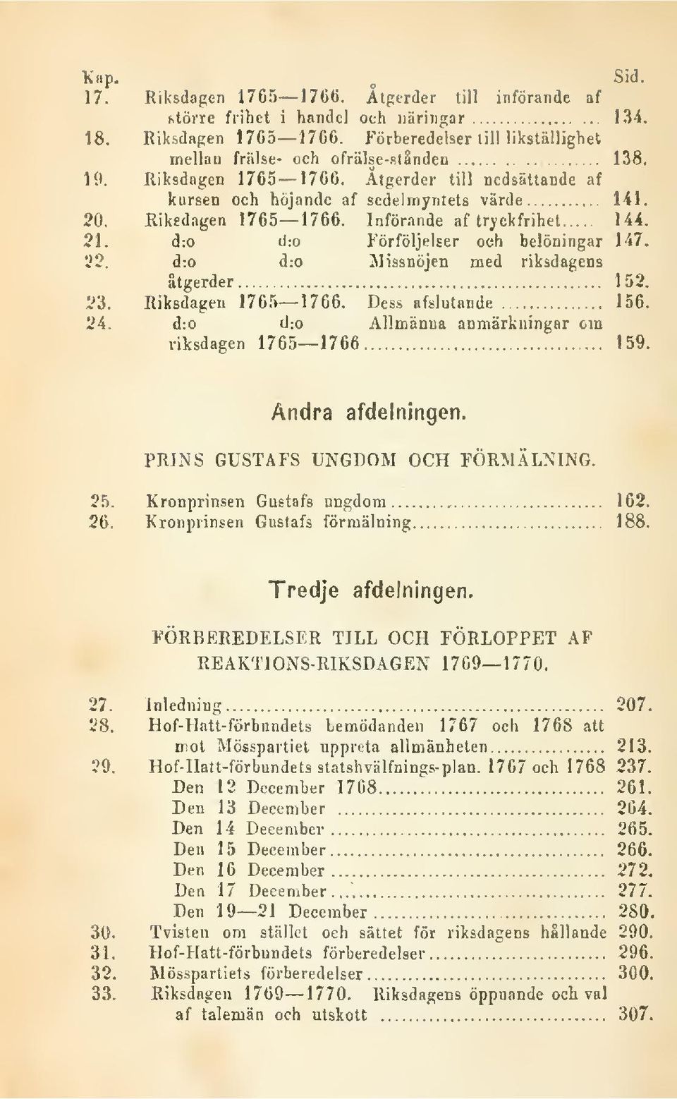 d:o d:o Förföljelser och belöningar 147. ^2. d:o d:o Missnöjen med riksdagens atgerder 1 52. 23. Riksdagen 1765 1766. Dess afslutande 156. 24. d:o d:o Allmänna anmärkningar om riksdagen 1765 1766 159.