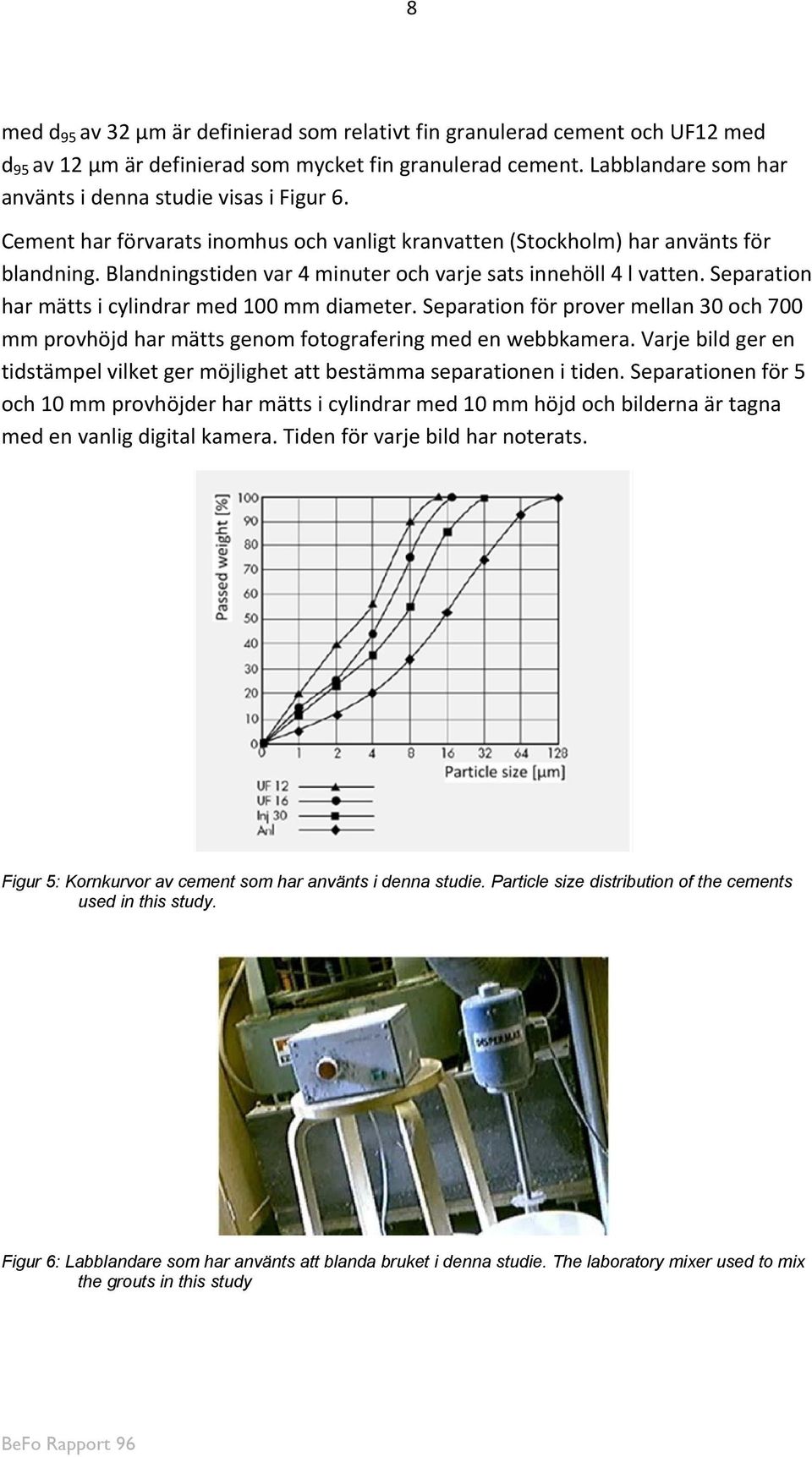 Blandningstiden var 4 minuter och varje sats innehöll 4 l vatten. Separation har mätts i cylindrar med 100 mm diameter.