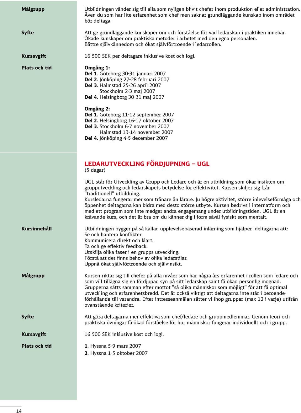 Bättre självkännedom och ökat självförtroende i ledarrollen. 16 500 SEK per deltagare inklusive kost och logi. Plats och tid Omgång 1: Del 1. Göteborg 30-31 januari 2007 Del 2.