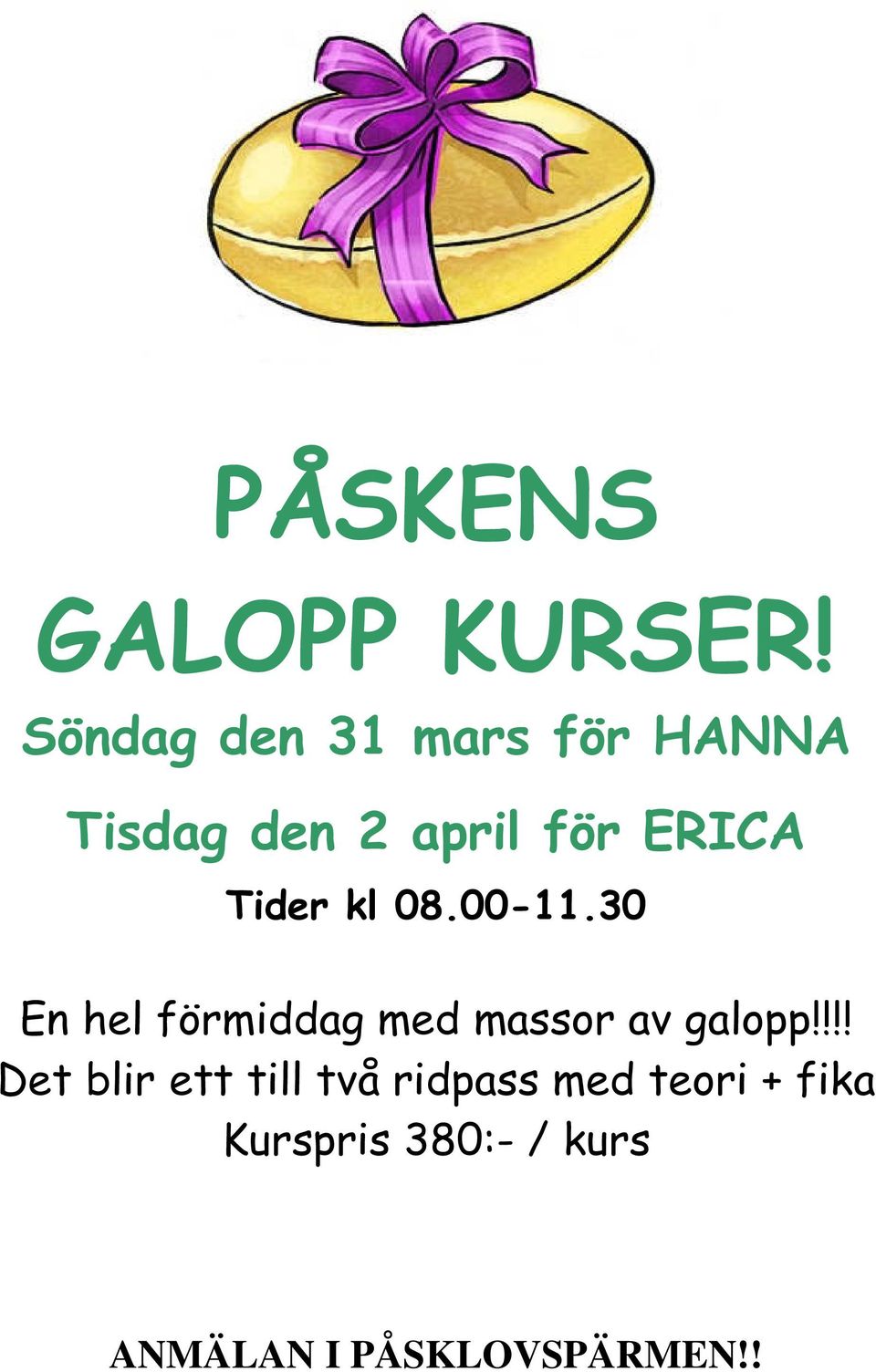 Tider kl 08.00-11.30 En hel förmiddag med massor av galopp!