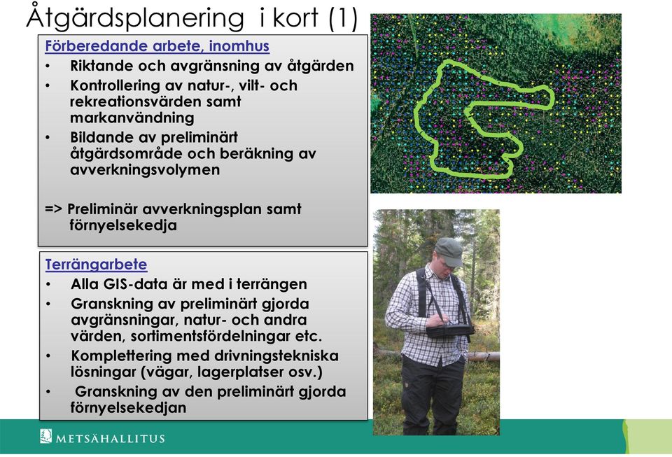 avverkningsplan samt förnyelsekedja Terrängarbete Alla GIS-data är med i terrängen Granskning av preliminärt gjorda avgränsningar, natur-