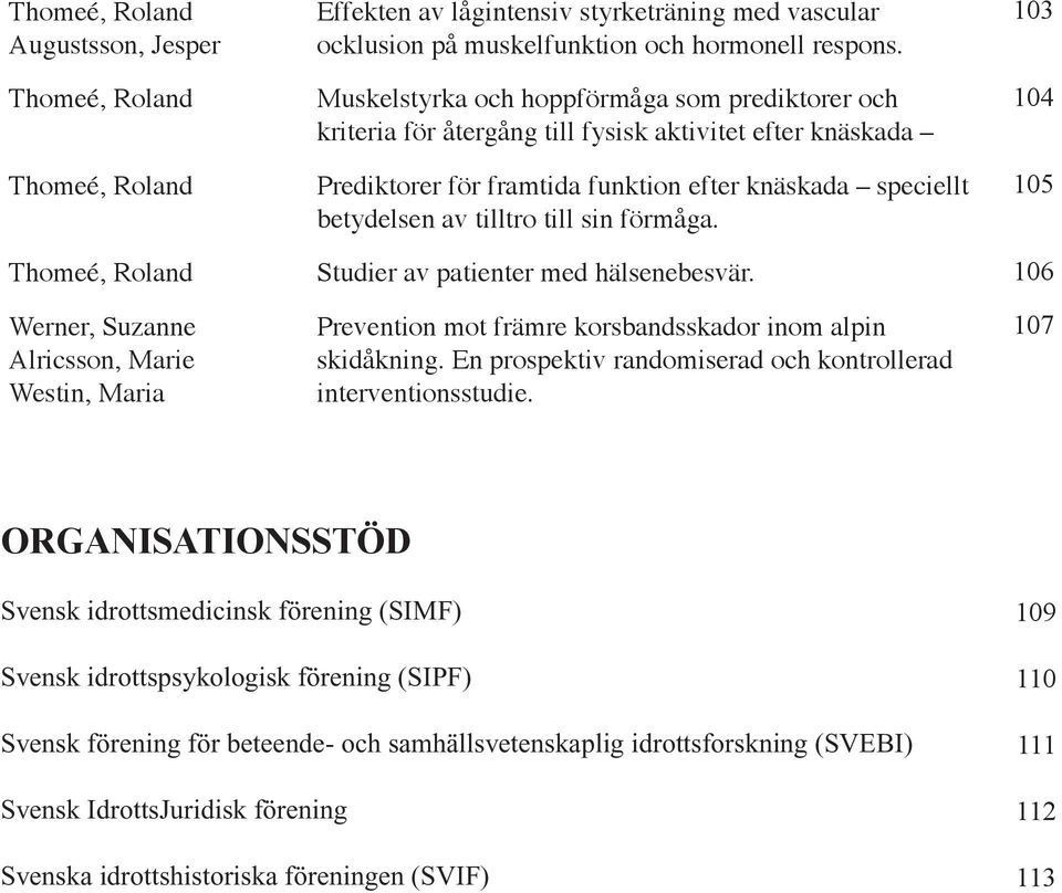 förmåga. Thomeé, Roland Studier av patienter med hälsenebesvär. 106 Werner, Suzanne Alricsson, Marie Westin, Maria Prevention mot främre korsbandsskador inom alpin skidåkning.