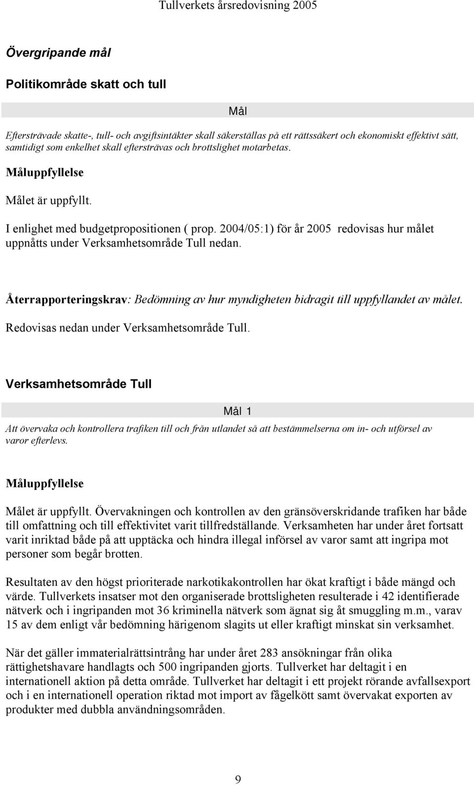 2004/05:1) för år 2005 redovisas hur målet uppnåtts under Verksamhetsområde Tull nedan. Återrapporteringskrav: Bedömning av hur myndigheten bidragit till uppfyllandet av målet.