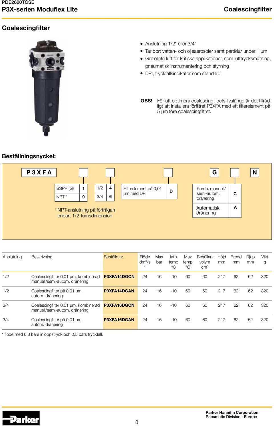 För att optimera coalescingfiltrets livslängd är det tillrådligt att installera förfiltret P3XFA med ett filterelement på 5 µm före coalescingfiltret.