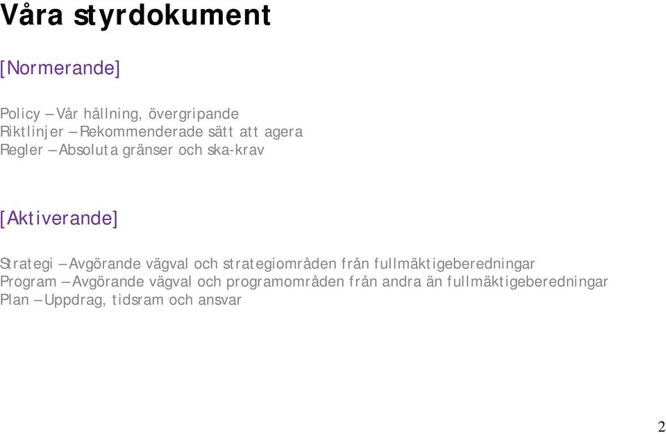 Strategi Avgörande vägval och strategiområden från fullmäktigeberedningar Program