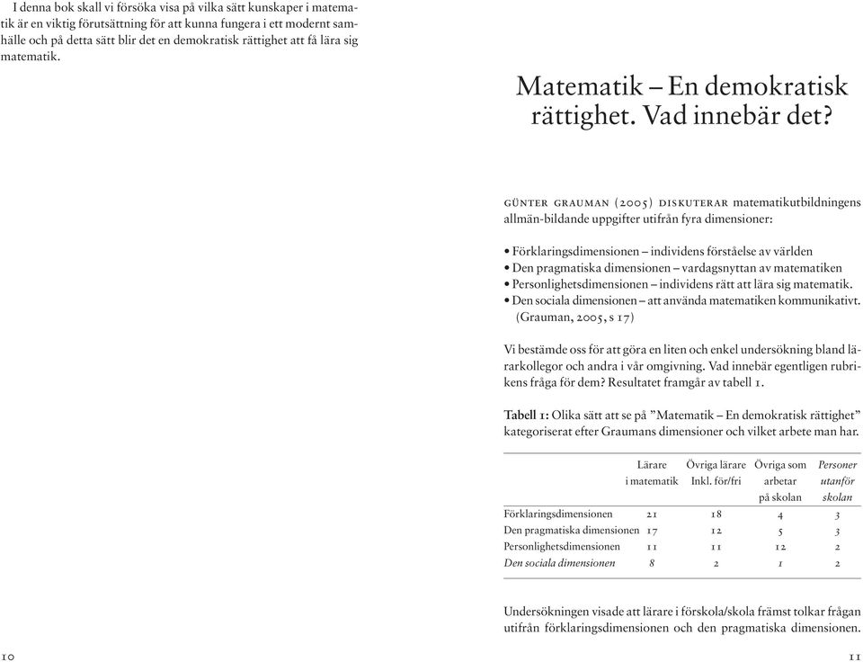 günter grauman (2005) diskuterar matematikutbildningens allmän-bildande uppgifter utifrån fyra dimensioner: Förklaringsdimensionen individens förståelse av världen Den pragmatiska dimensionen