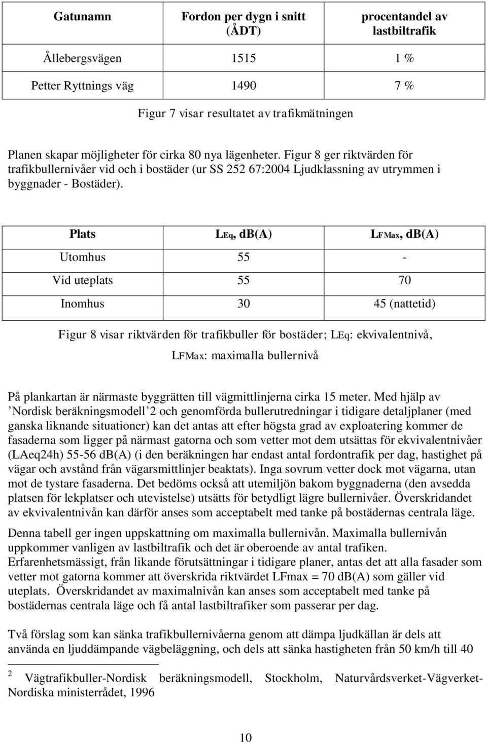 Plats LEq, db(a) LFMa, db(a) Utomhus 55 - Vid uteplats 55 70 Inomhus 30 45 (nattetid) Figur 8 visar riktvärden för trafikbuller för bostäder; LEq: ekvivalentnivå, LFMa: maimalla bullernivå På