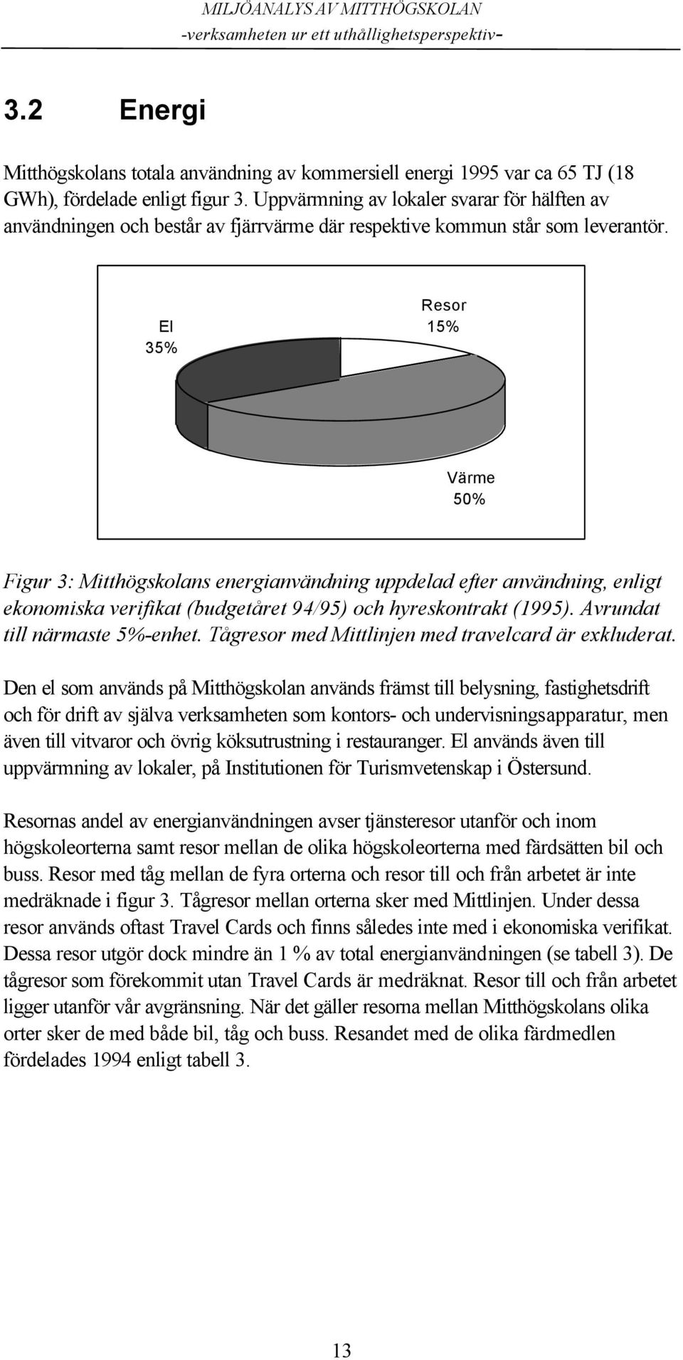 El 35% Resor 15% Värme 50% Figur 3: Mitthögskolans energianvändning uppdelad efter användning, enligt ekonomiska verifikat (budgetåret 94/95) och hyreskontrakt (1995). Avrundat till närmaste 5%-enhet.