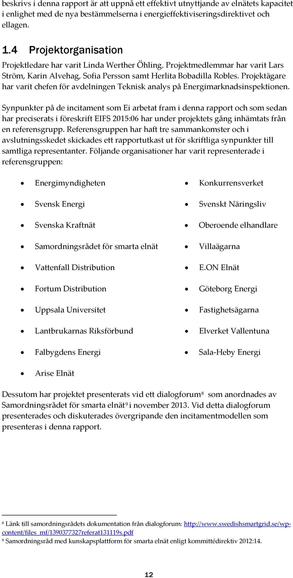 Projektägare har varit chefen för avdelningen Teknisk analys på Energimarknadsinspektionen.