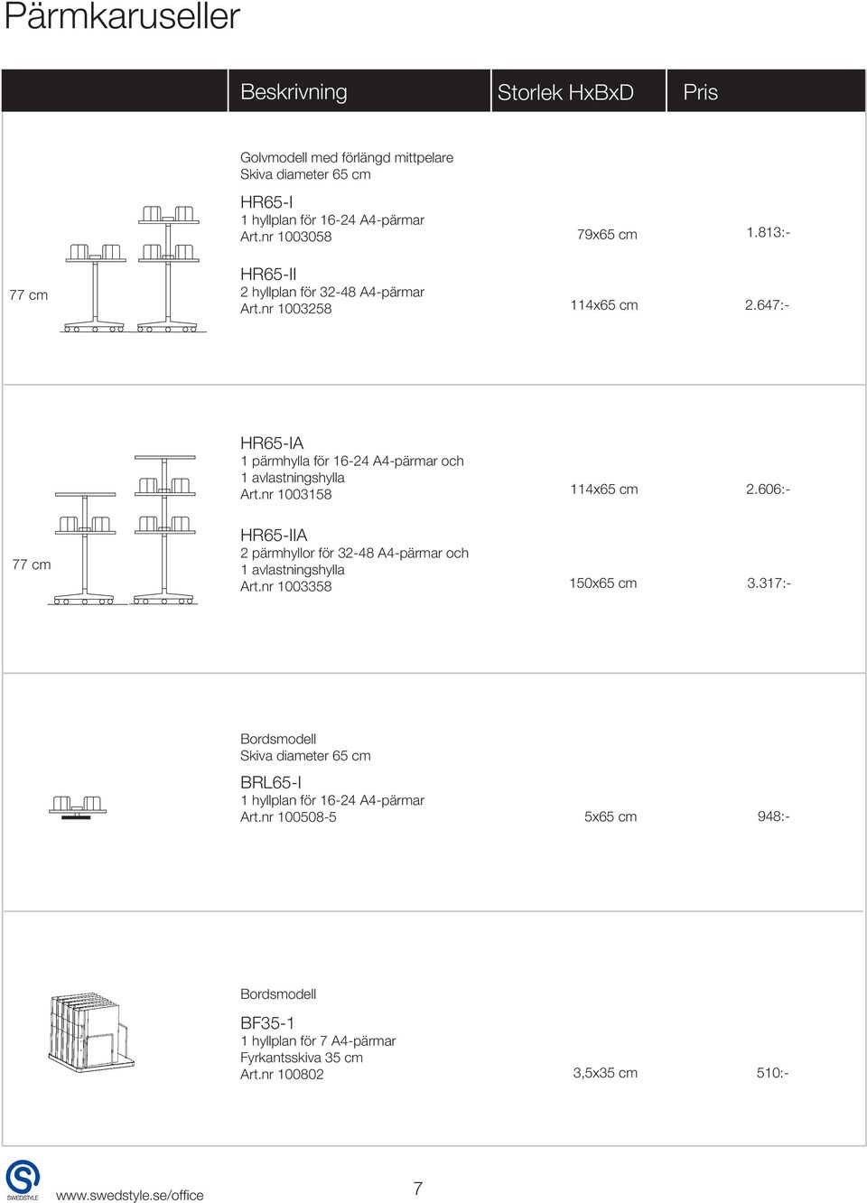nr 1003158 114x65 cm 2.606:- 77 cm HR65-IIA 2 pärmhyllor för 32-48 A4-pärmar och 1 avlastningshylla Art.nr 1003358 150x65 cm 3.