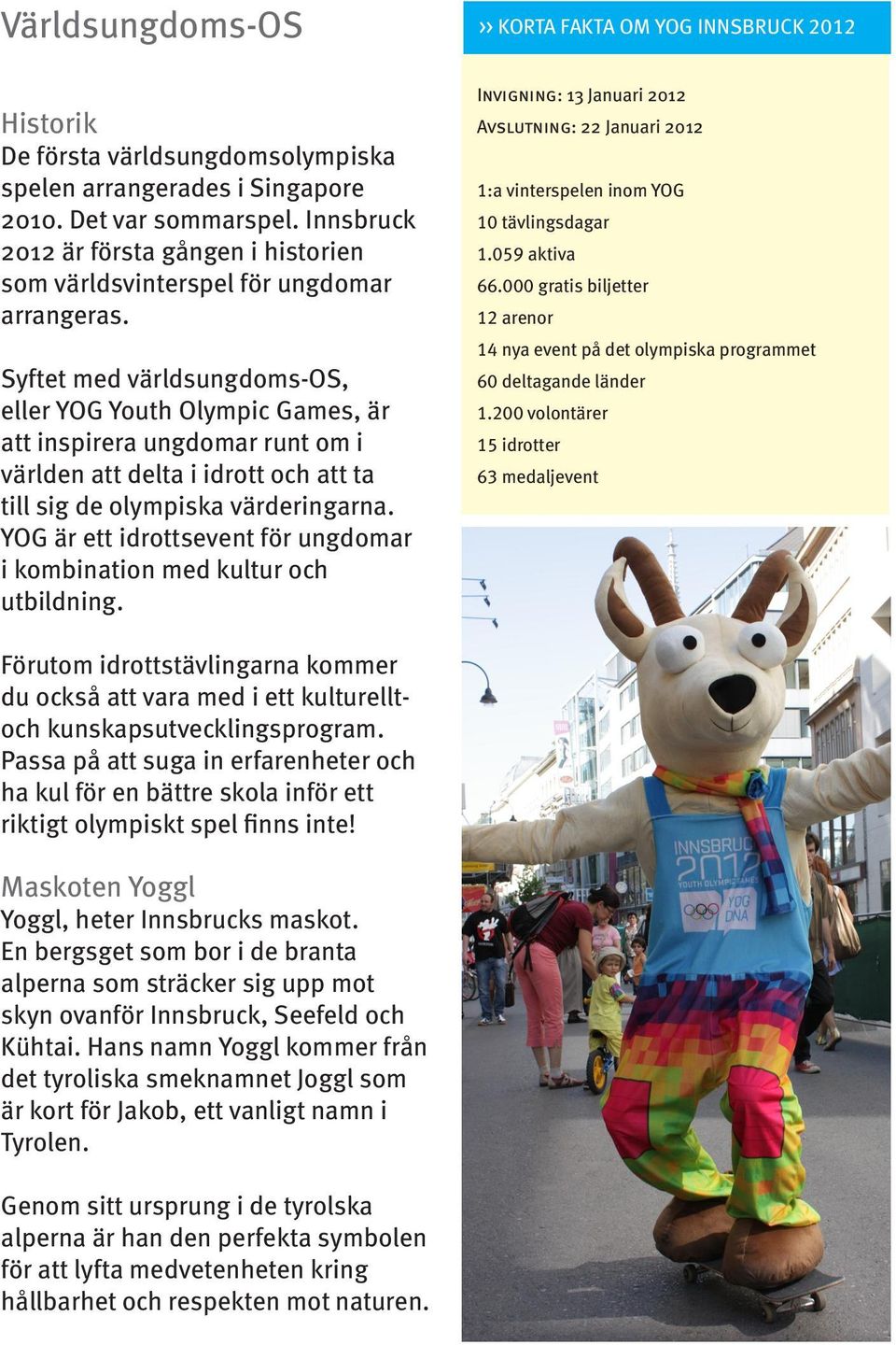 Syftet med världsungdoms-os, eller YOG Youth Olympic Games, är att inspirera ungdomar runt om i världen att delta i idrott och att ta till sig de olympiska värderingarna.