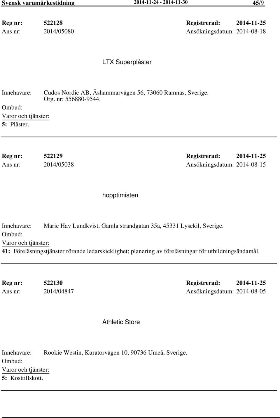 Reg nr: 522129 Registrerad: 2014-11-25 Ans nr: 2014/05038 Ansökningsdatum: 2014-08-15 hopptimisten Marie Hav Lundkvist, Gamla strandgatan 35a, 45331 Lysekil, Sverige.