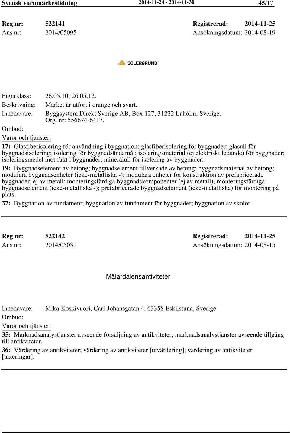 17: Glasfiberisolering för användning i byggnation; glasfiberisolering för byggnader; glasull för byggnadsisolering; isolering för byggnadsändamål; isoleringsmaterial (ej elektriskt ledande) för