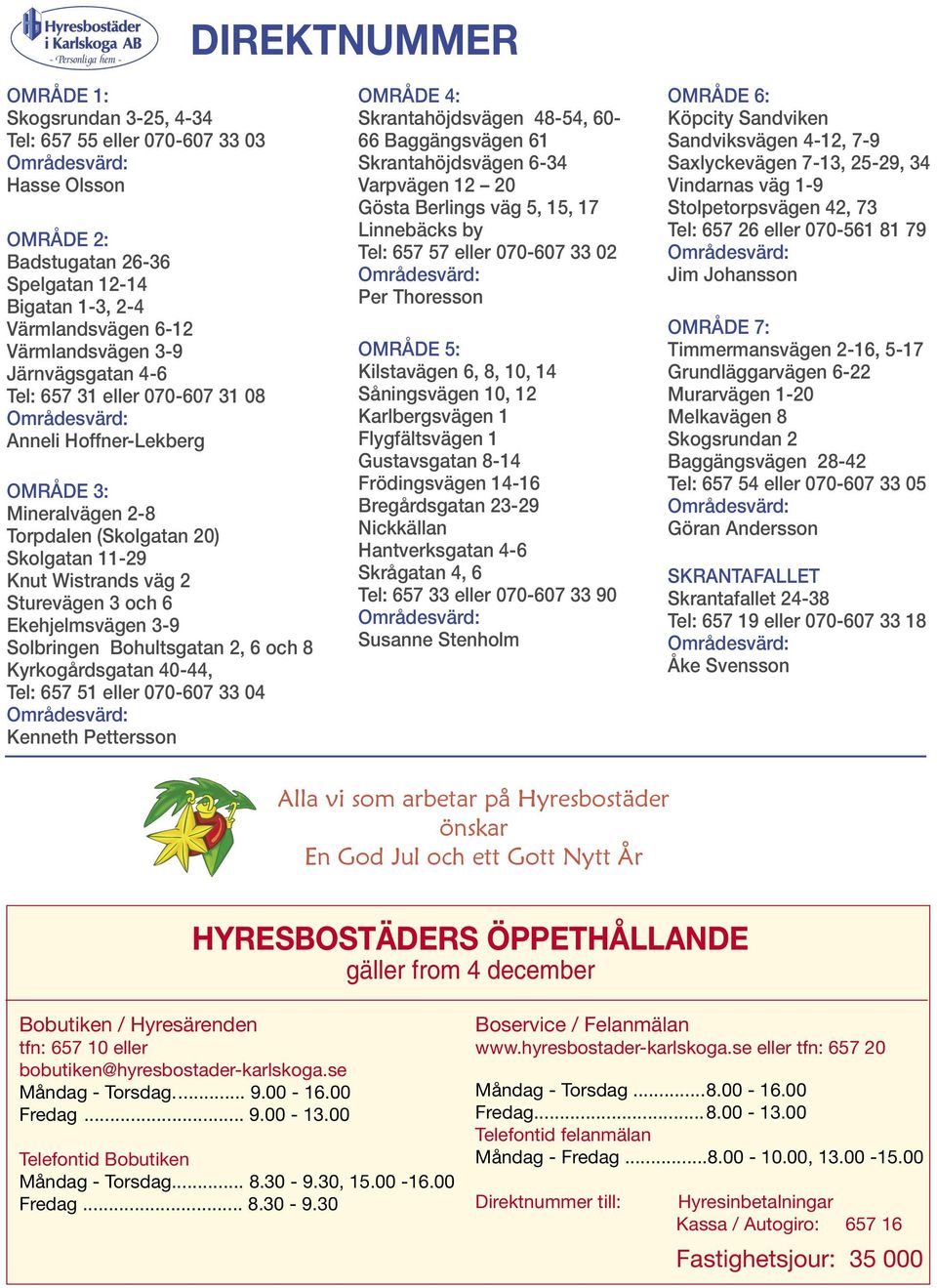 Solbringen Bohultsgatan 2, 6 och 8 Kyrkogårdsgatan 40-44, Tel: 657 51 eller 070-607 33 04 Kenneth Pettersson OMRÅDE 4: Skrantahöjdsvägen 48-54, 60-66 Baggängsvägen 61 Skrantahöjdsvägen 6-34 Varpvägen