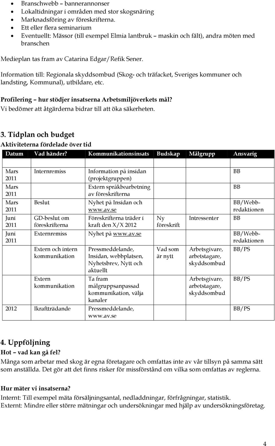 Information till: Regionala skyddsombud (Skog- och träfacket, Sveriges kommuner och landsting, Kommunal), utbildare, etc. Profilering hur stödjer insatserna Arbetsmiljöverkets mål?