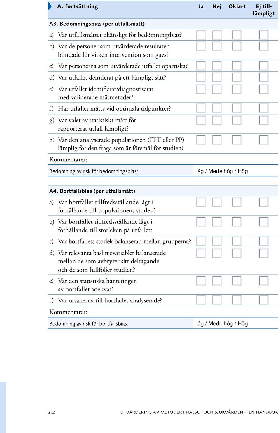 e) Var utfallet identifierat/diagnostiserat med validerade mätmetoder? f) Har utfallet mätts vid optimala tidpunkter? g) Var valet av statistiskt mått för rapporterat utfall lämpligt?