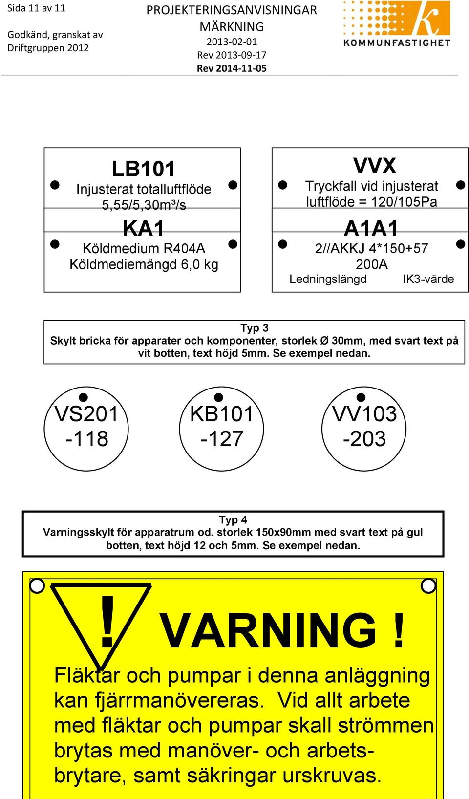 VS201-118 KB101-127 VV103-203 Typ 4 Varningsskylt för apparatrum od. storlek 150x90mm med svart text på gul botten, text höjd 12 och 5mm. Se exempel nedan.! VARNING!